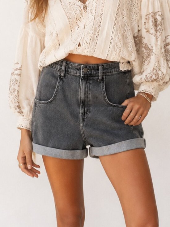 BDG Pants - BDG High Waist Rolled Hem Denim Shorts in Washed Black